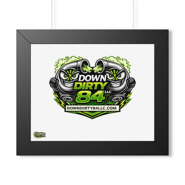Down Dirty 84 logo framed poster, black frame, 14 by 11 inches — Printify product mockup